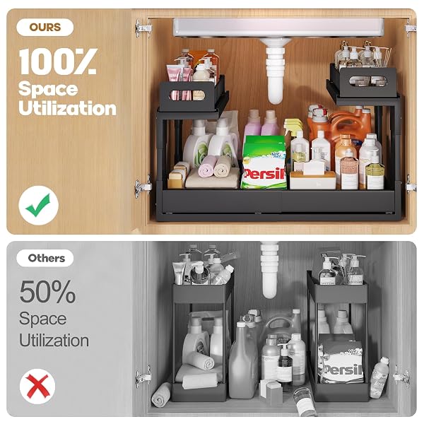 1 PACK EXPANDABLE UNDER SINK ORGANIZERS AND STORAGE WITH UPGRADE BALL-BEARING SLIDE TRACKS,2-TIER PULL OUT UNDER CABINET ORGANIZER HEIGHT ADJUSTABLE,SLIDE OUT UNDER SINK DRAWERS-BLACK(PATENT PENDING)