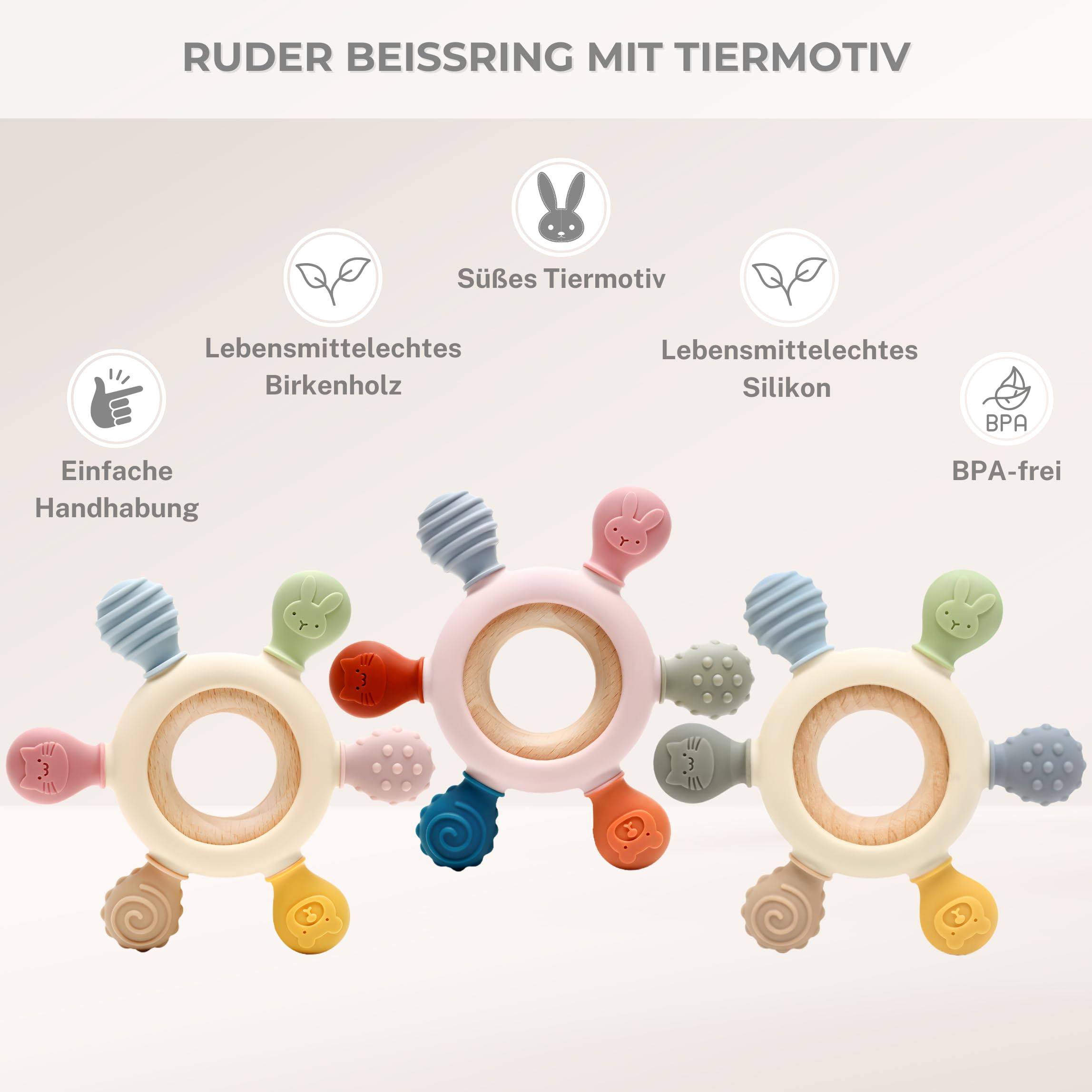 CAJA Beißring Baby BPA freie Zahnungshilfe und Beißspielzeug aus Silikon und Holz Greifring mit Tiermotiv Geschenkidee zur Geburt Sicheres Babyspielzeug für Jungen und Mädchen 6