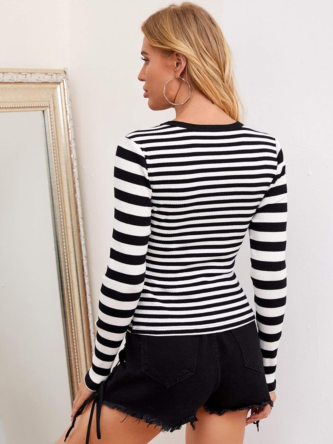 Floerns Women's High Neck Long Sleeve Slim Fit Stretch Striped T-Shirts at  Women’s Clothing store