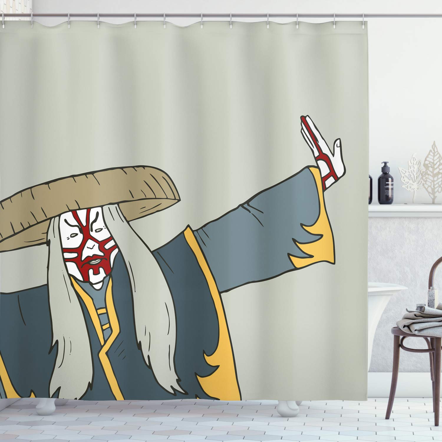 ABAKUHAUS Kabuki Shower Curtain, Old Japanese Person Performing Arts in the Far Design Elements, Cloth Fabric Bathroom Decor Set with Hooks, 94 Inches, Multicolor