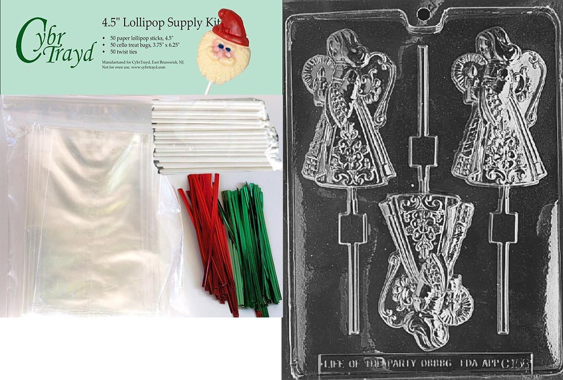 LARGE ANGEL Christmas Chocolate Mold w/Lollipop Supply Kit (50 Lollipop Sticks, 50