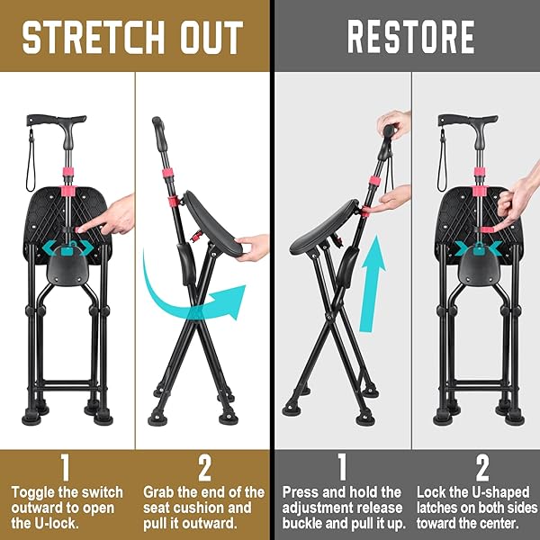 HZZEDNG HOLD 400 LBS FOLDING CANES WITH SEAT, ALLOWS DURABILITY WHILE WALKING AND CONVENIENCE FOR SITTING, ALUMINUM PORTABLE ANTI-SLIP CANE SEAT, HEIGHT-ADJUSTABLE WALKING CANE(SEAT HEIGHT 21.65 IN)