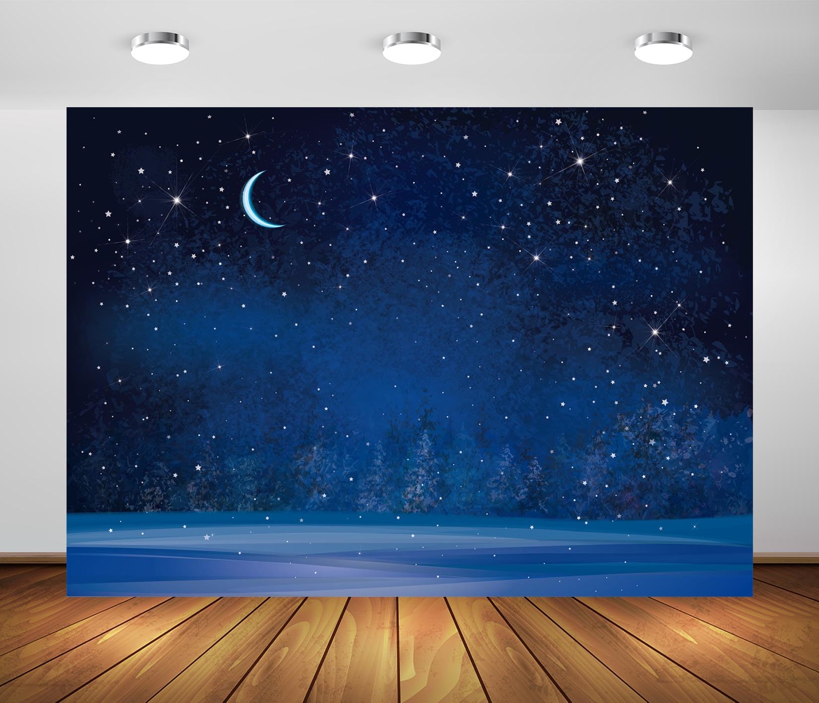 BELECO 2.1x1.5m Fabric Winter Wonderland Night Snowfall Backdrop Blue Starry Sky Moon Stars Snowflakes Fir Trees Pine Forest Snow Scene Background Christmas New Year Party Decoration Photo Studio