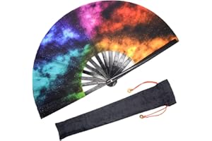 OMyTea Large Rave Folding Hand Fan for Men/Women - 13'' Foldable Clack Festival Fan (Colorful Galaxy Nebula)