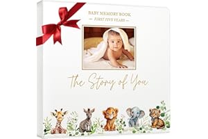 CV CHARVORIA Baby Book Keepsake - Timeless Baby Memory Book for Boy or Girl I First 5 Year I Faux Leather, Gender Neutral, Safari Theme w/Gold Foil Stamp - Baby First Year Book Journal Scrapbook Photo Album Shower