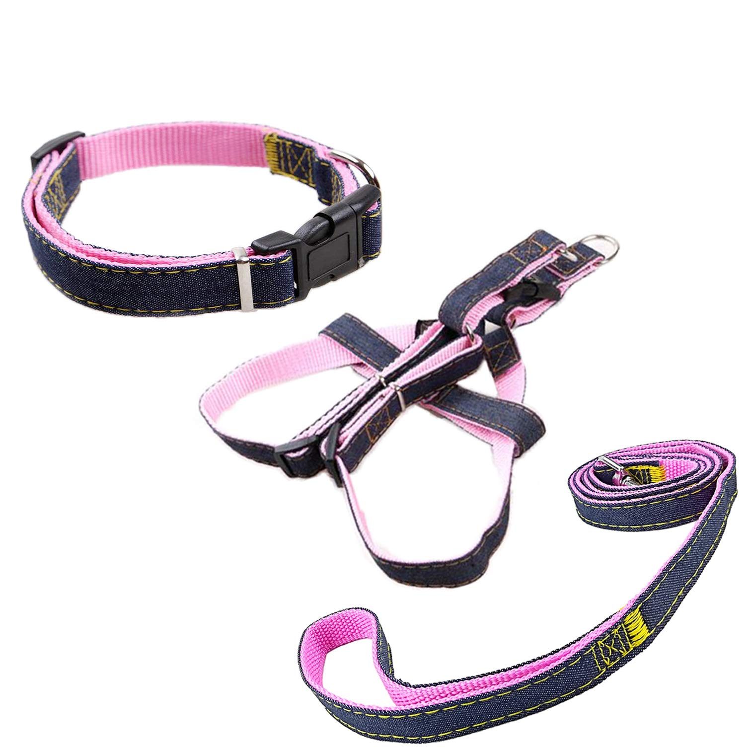 Newtensina Fashion Dogs Harness Collar and Leash Set Comfortable Denim Cloth Puppy Harness Collar with Leashes for Dogs - Pink - M