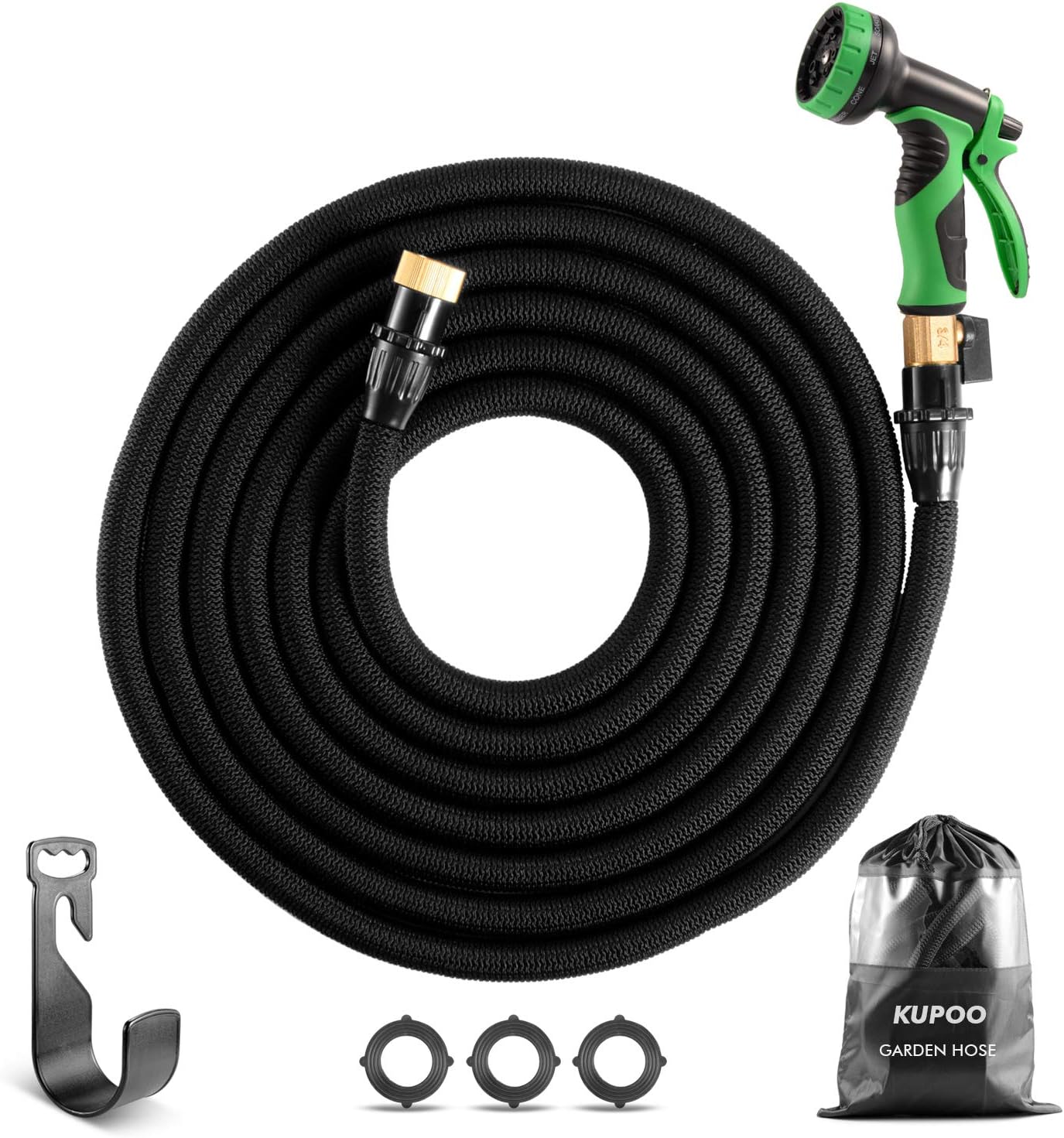 KUPOO 50ft Garden Hose - All New Expandable Water Hose with Double Latex Core, 3/4 Solid Brass Fittings, Extra Strength Fabric - Flexible Expanding Hose with 9 Function Spray Nozzle
