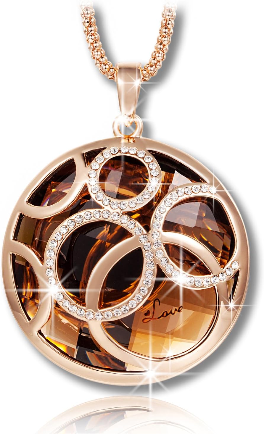 QIANSE Valentine's Day Necklaces Gifts for Women Golden Life Rolling Ball Brown Austrian Crystal Pendant Necklace with Rose Gold Long Chain, Christmas Birthday Gifts for Her