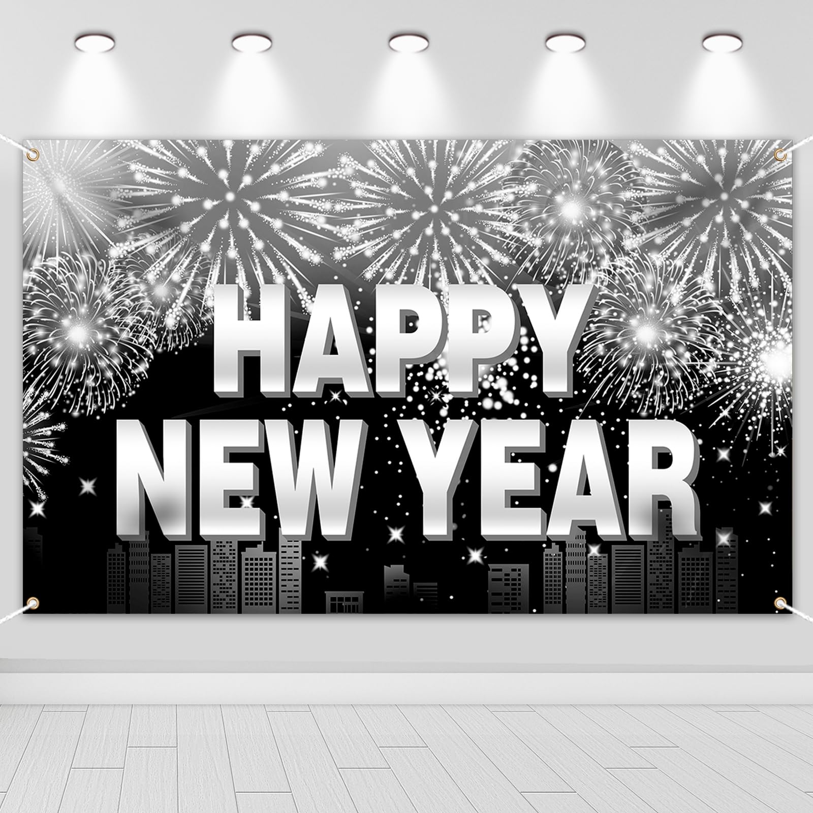 HOWAF New Years Eve Decorations 2026 Banner, Large Happy New Year Banner Backdrop Wall Fabric Background Photo Booth Props for NYE Party Decorations 2026, 185 x 110 cm, Black Silver — image 1