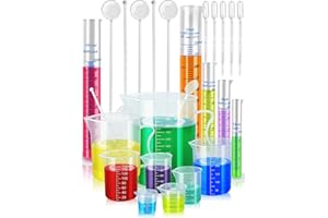 Artcome Plastic Graduated Cylinders and Beakers with 5 Pipettes, 10/25/50/100/250ml Cylinders, 10/25/50/100/150/250/500/1000ml Beakers, 5 Stirring Rods – Ideal for Science Lab, DIY, Halloween Decor