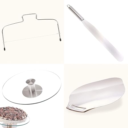 Backset – Tortenplatte drehbar Tortenbodenteiler Streichpalette Tortenheber – 4teilig aus Edelstahl – 1 Set Backzubehör, dami