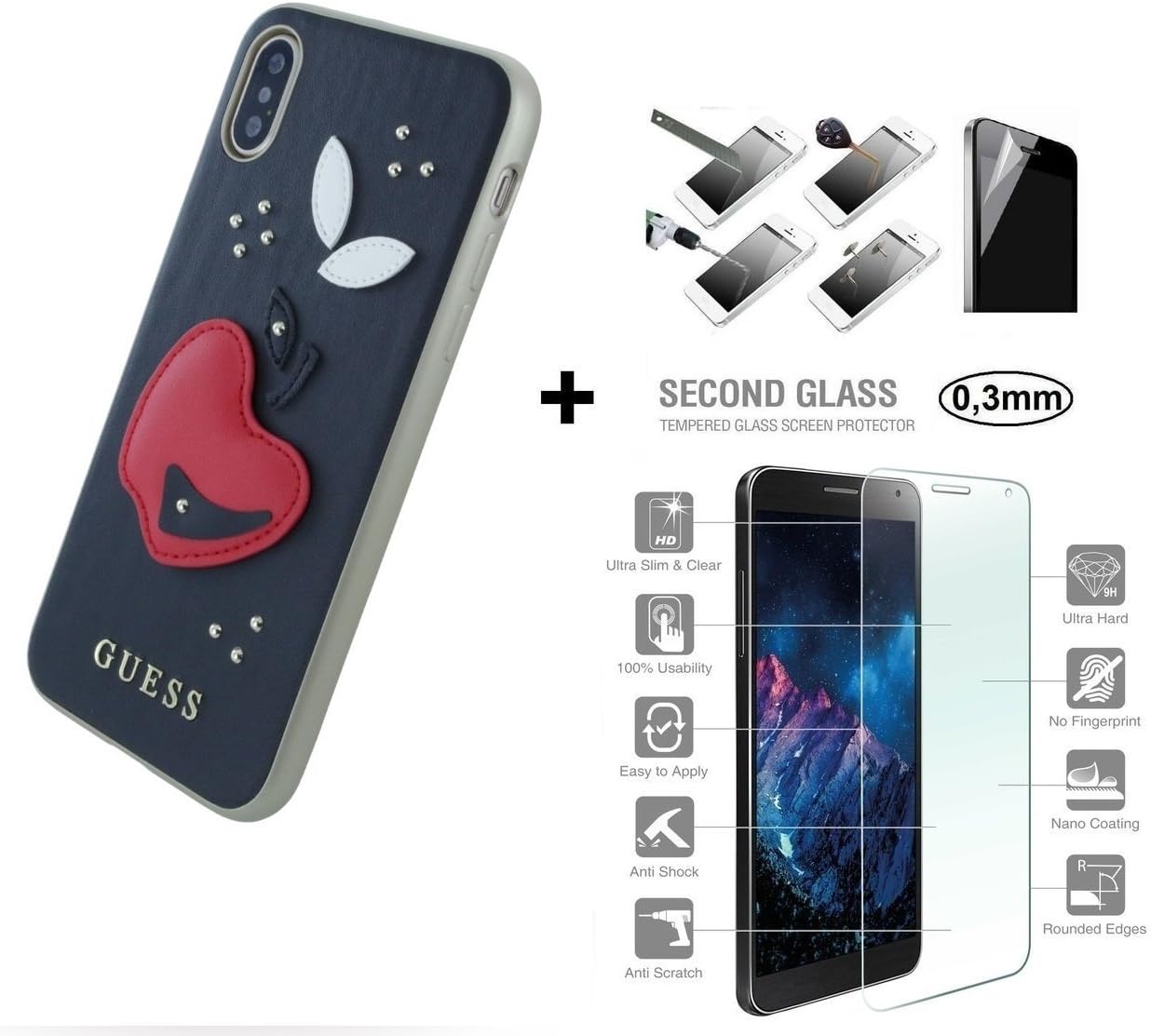 Guess – Fruistic Hard Cover for Apple iPhone x/ – 2 in 1 Combo Set 1x Clipon Back Case/cover Protective Phone Case in Black + Screen Protector From Tempered Glass 0.3 mm 9H Tempered Glass
