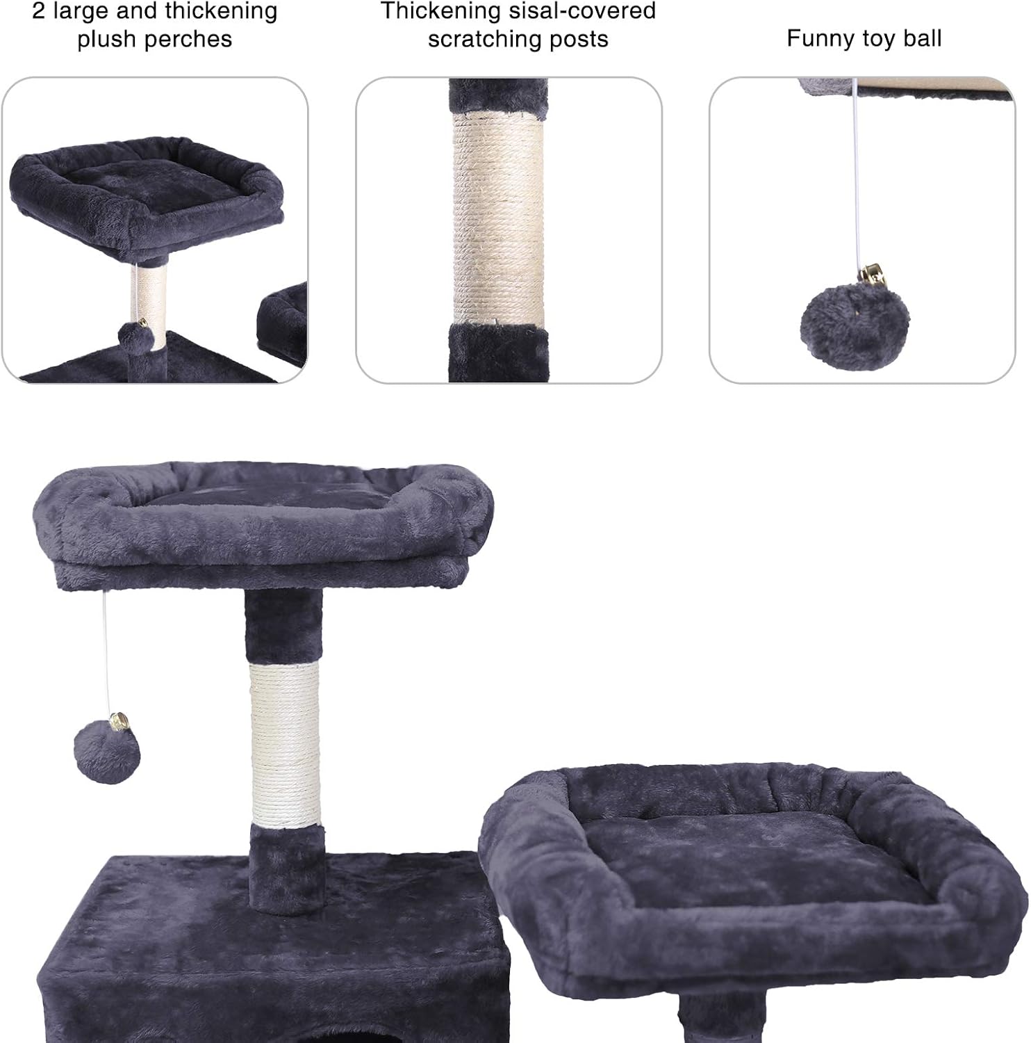 Hey-brother Large Multi-Level Cat Tree Condo Furniture with Sisal-Covered Scratching Posts, 2 Bigger Plush Condos, Perch Hammock for Kittens, Cats and Pets Smoky Gray MPJ020G : Pet Supplies