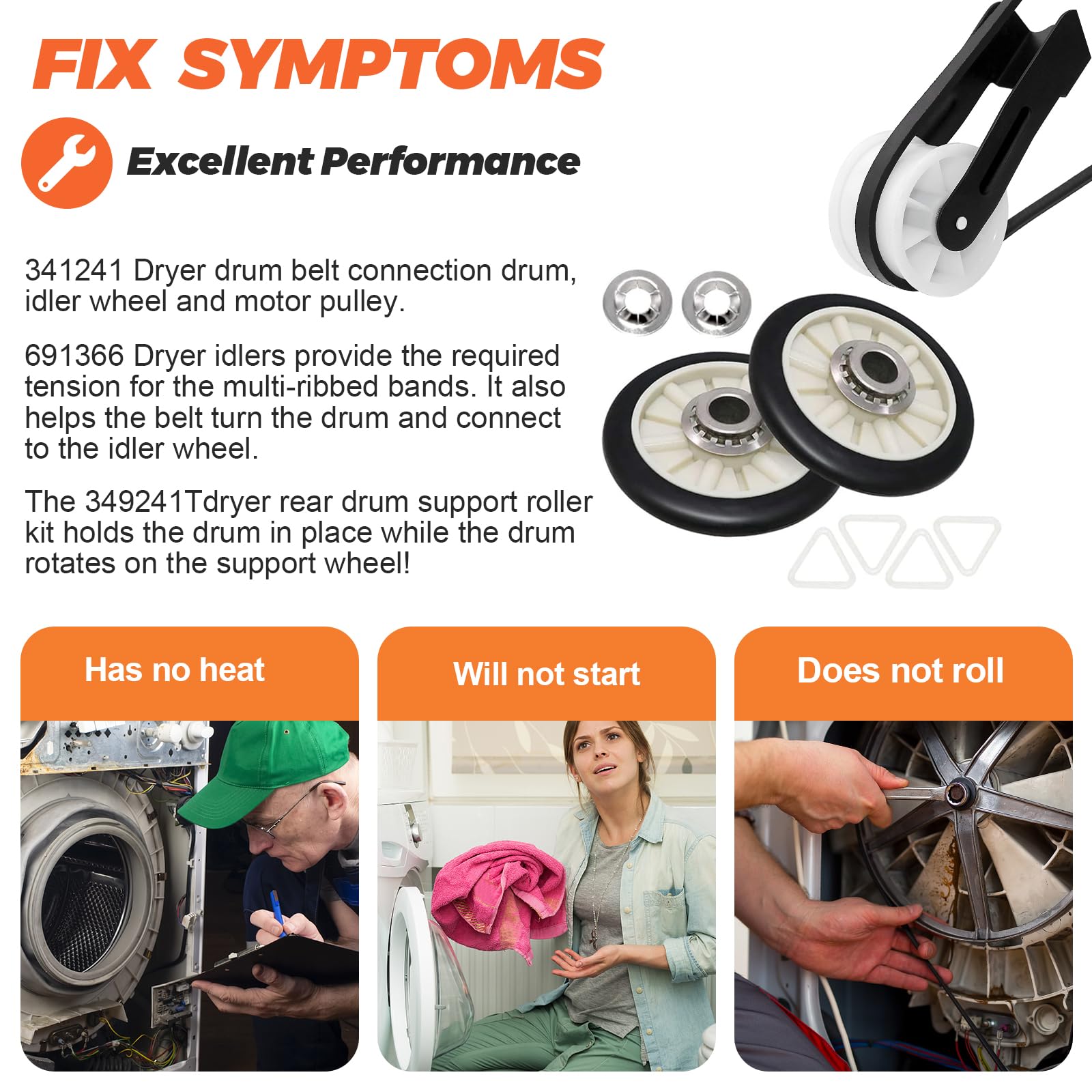 【Newest】 Upgraded 4392065 Dryer Maintenance Repair Kit by Beaquicy - Fit for Whirlpool Ken-More Crosley Admiral Amana Dryer - Package Includes 349241t Drum Roller 341241 Belt and 691366 Idler Pulley