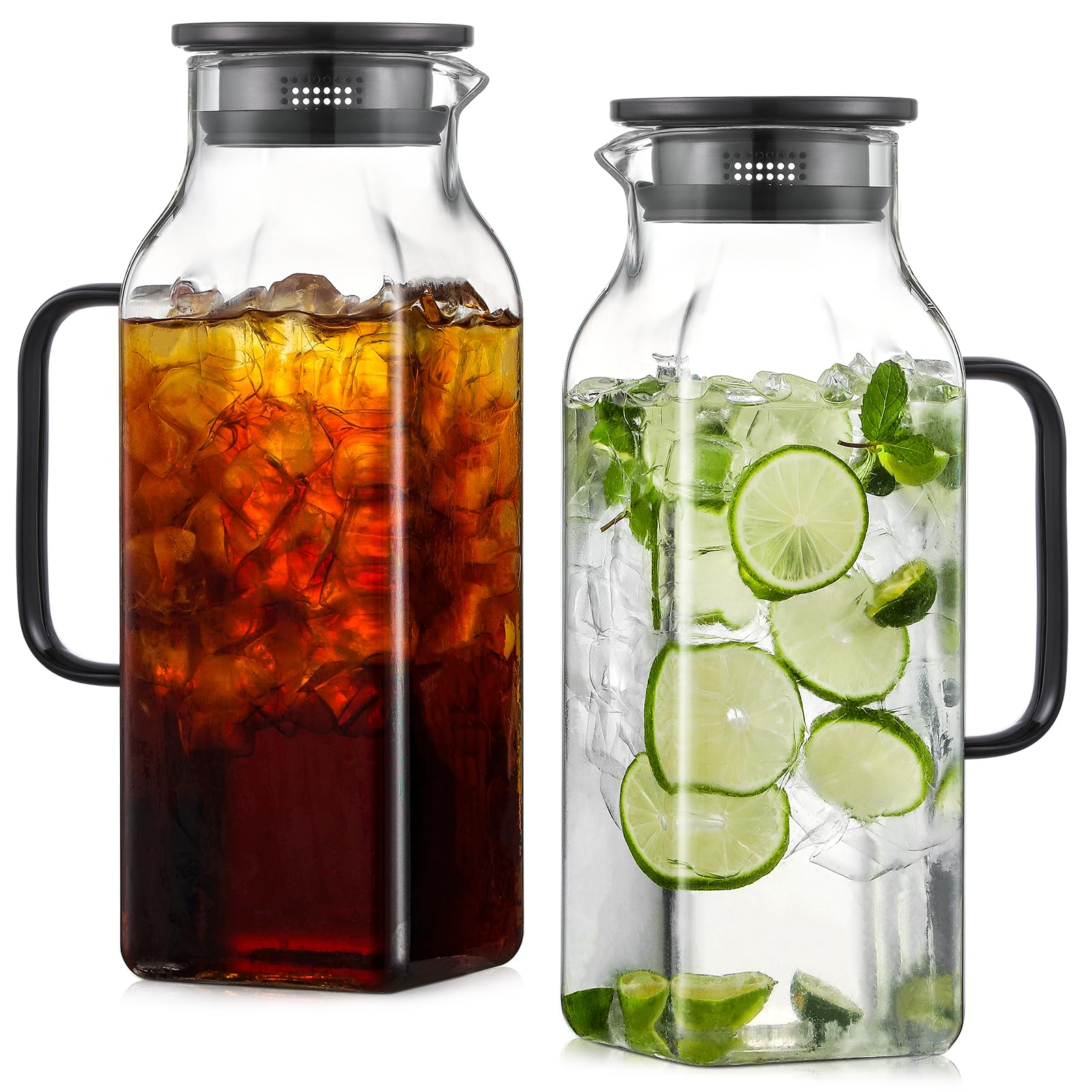 Photo 1 of 1******* Pack 2 Liters/68 oz Square Glass Pitcher with Lid and Handle for Fridge, Iced Tea and Coffee Carafe Beverage Serveware, Heat Resistant Borosilicate Water Black Jug for Hot/Cold Drinks and Milk