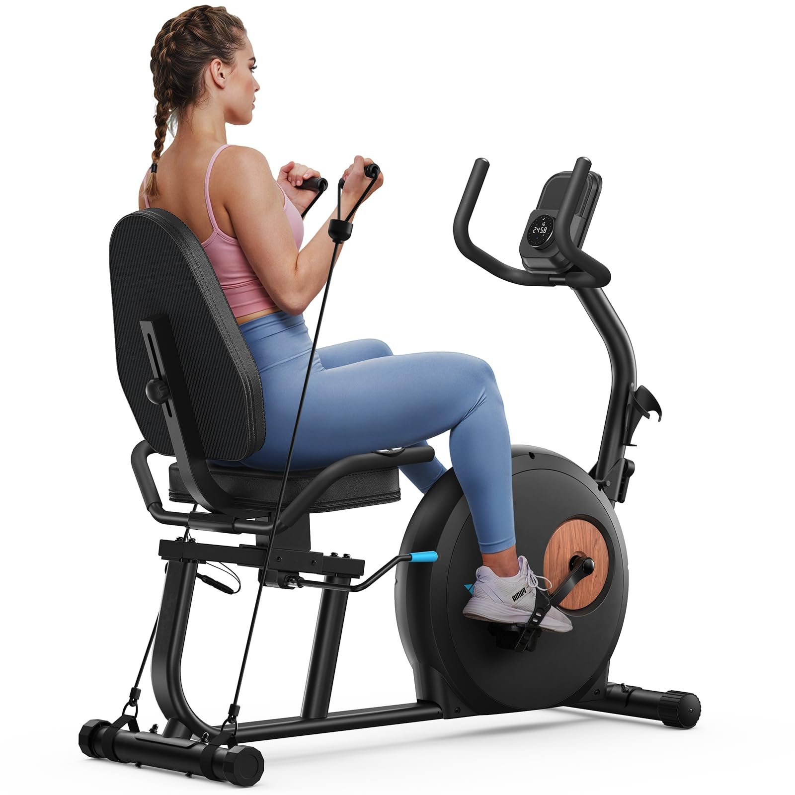 MERACH Recumbent Exercise Bike for Home, Self Powered Stationary Bike for Seniors Adults with 16-Level Automatic Resistance Adjustment, Resistance Bands, Adjustable Comfortable Seat, Exclusive Apps Image