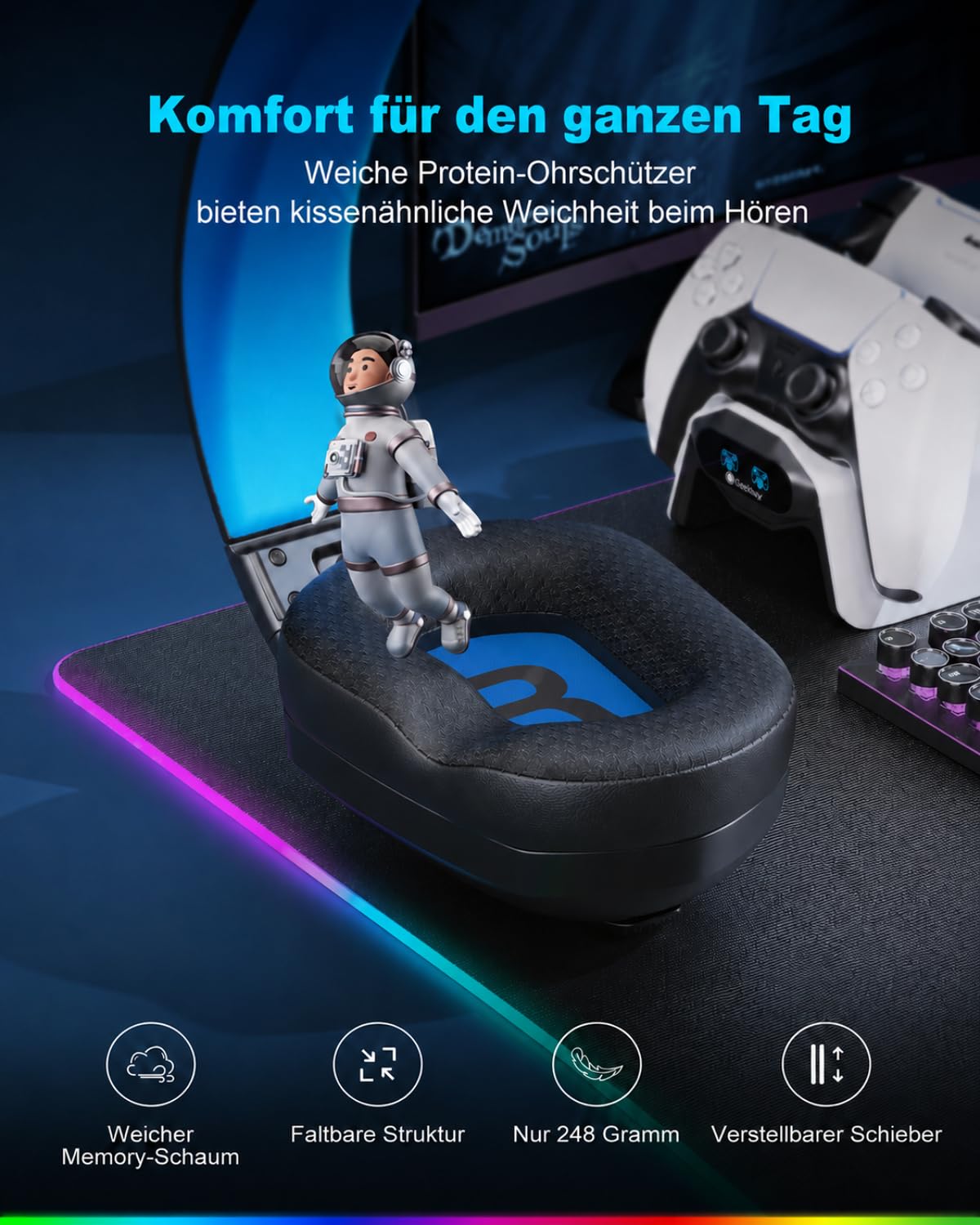 Fachixy Wireless Gaming Headset mit Mikrofon für PS5, PS4, PC, Switch, Mac und Laptop, 2,4GHz Low Latency USB & Bluetooth, faltbar mit LED-Licht, Surround Sound und 80 Std. Akkulaufzeit 5