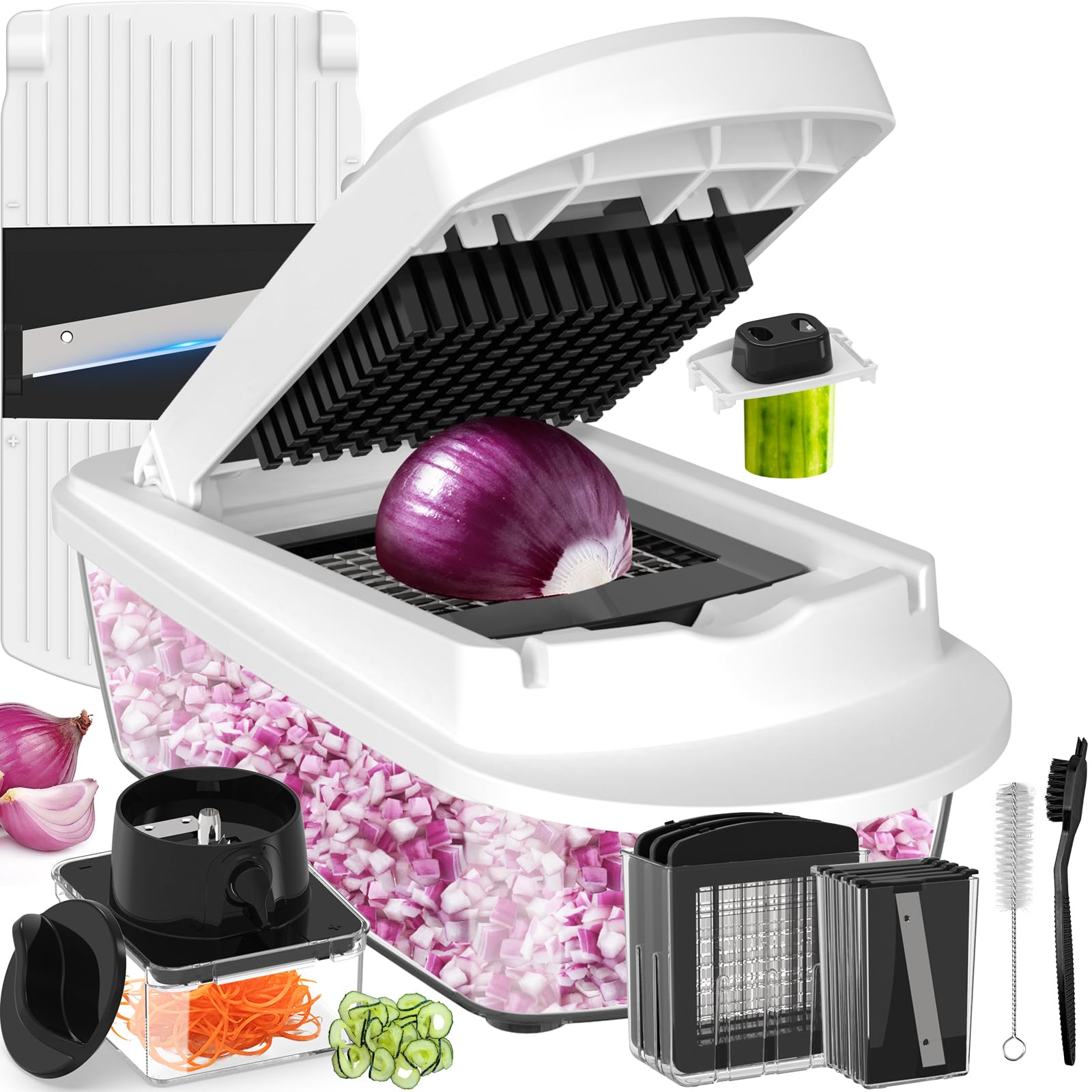 Photo 1 of 12 Blade All-in-1 Vegetable Chopper Mandoline Slicer with Container, Spiralizer with Containers, Food Chopper, Onion Chopper, Veggie Cutter for Salad, Kitchen Gadgets Accessories Essentials, White