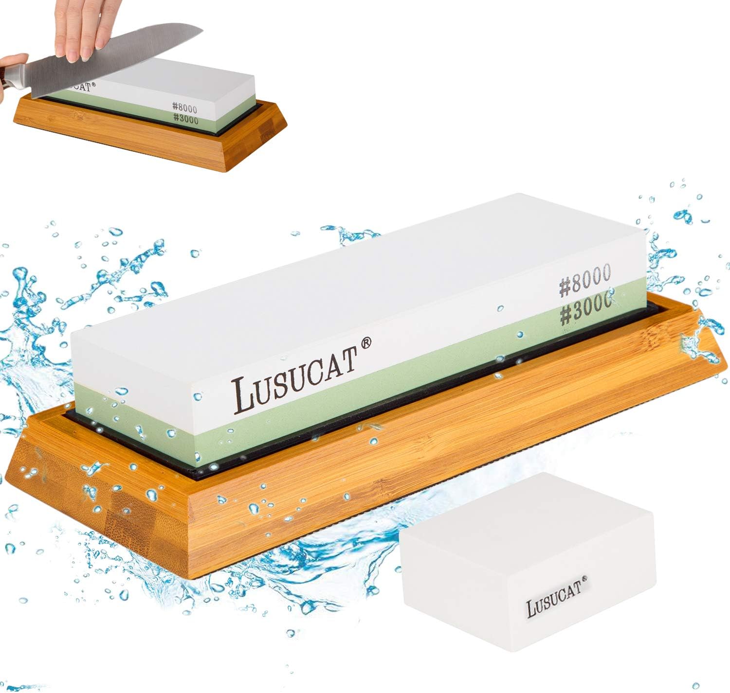 Lusucat Premium Sharpening Stone 2 Side Grit 3000/8000 Whetstone Best Knife Waterstone Compatible With Kitchen Knives Woodworking