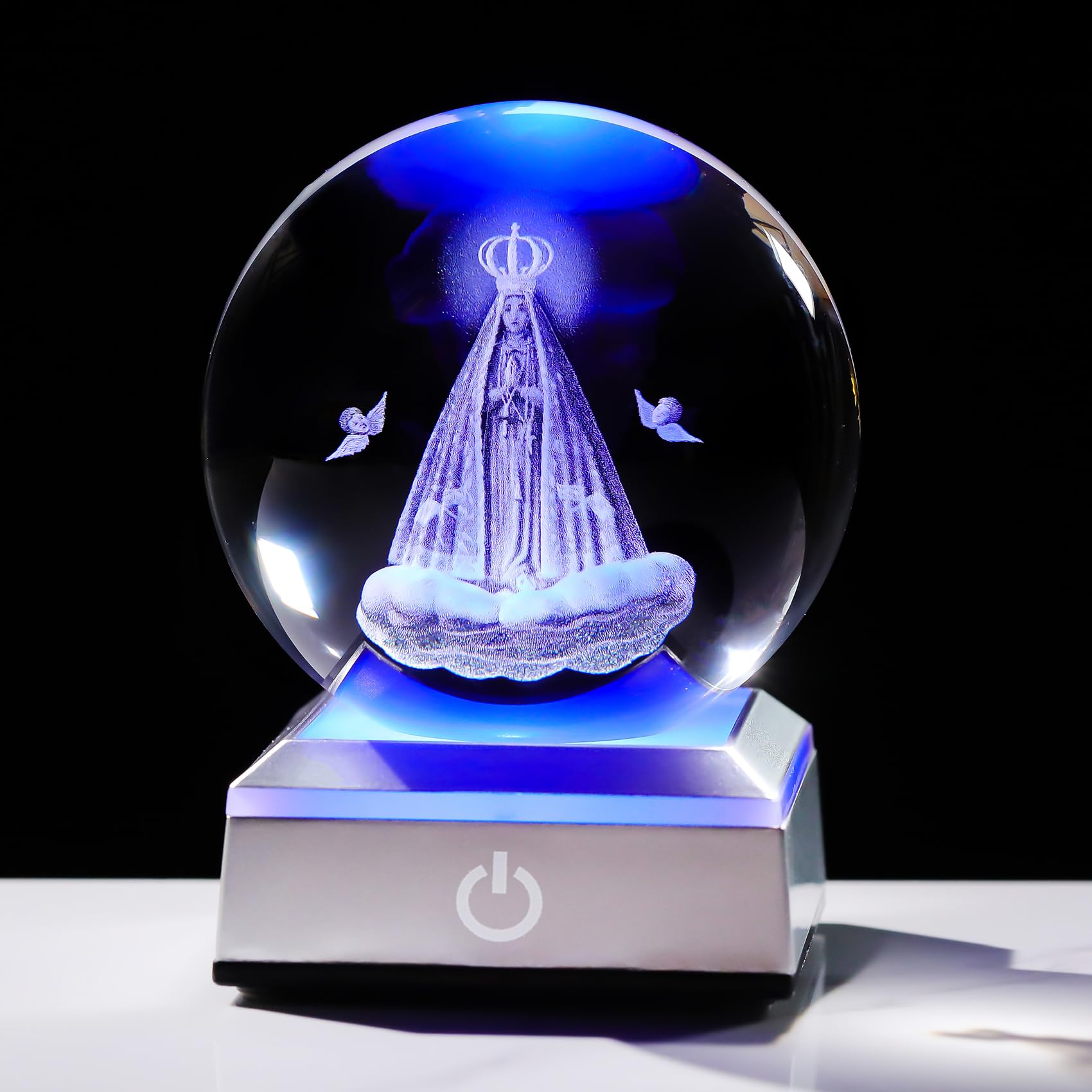 Movdyka 3.15" Crystal 3D Virgin Mary Ball Christian Gifts for Women Glass Mary Statue Orbs Christ Religious Presents with Colorful Light Base Catholic Our Lady Figurines Funny Ornament