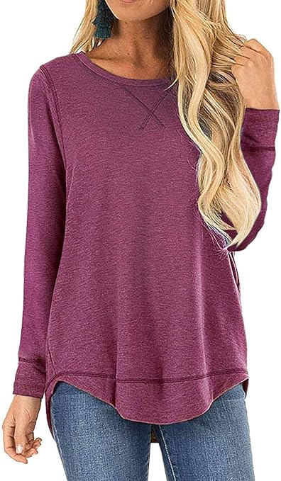 JomeDesign Women Long Sleeve Tops Side Split Casual Loose Tunic Top Red Small
