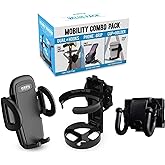Mobility Combo Pack, Hook, Phone and Cup Holder for Walker, Portable Beverage Holder for Wheelchair and Strollers, Easy to Install Stretch Strap Fits up to 2” Diameter