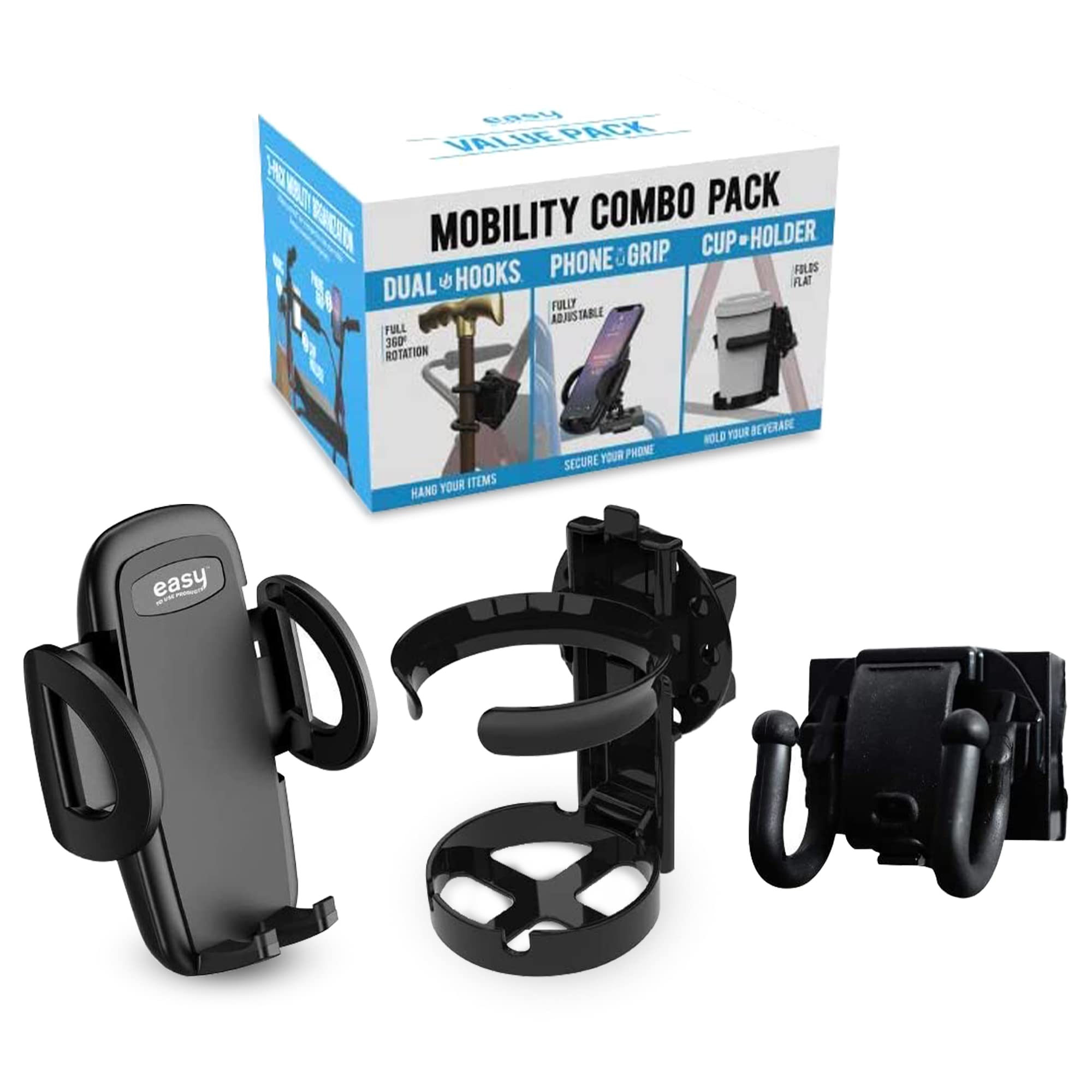 Mobility Combo Pack - Cup Holder, Phone Holder and Hooks for Walkers, Wheelchairs and Strollers