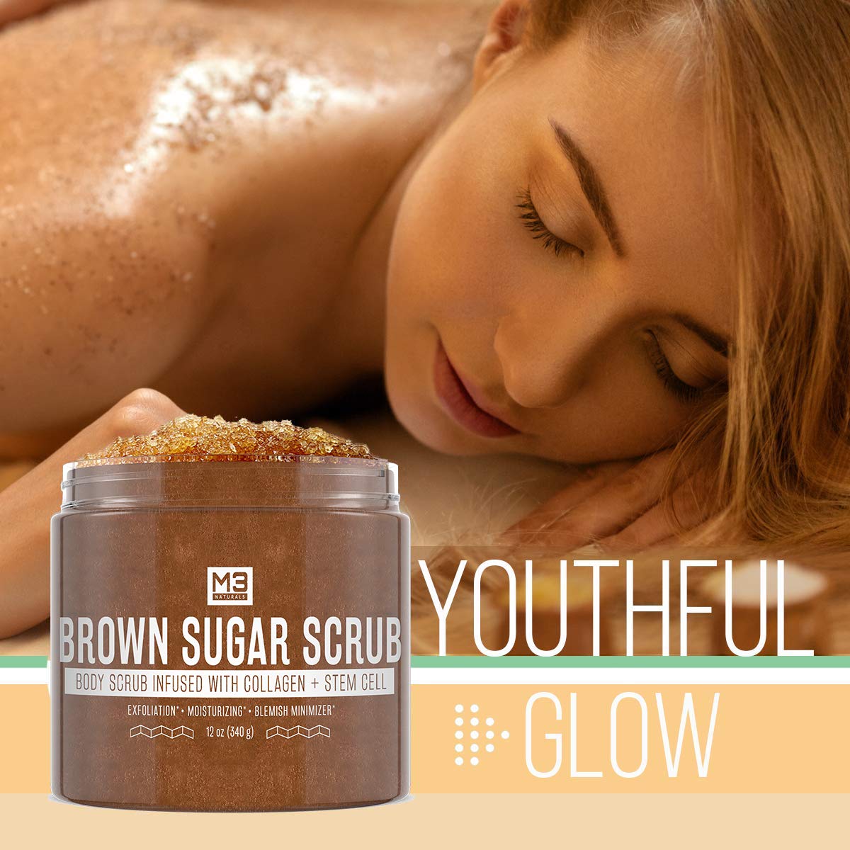 M3 Naturals Brown Sugar Scrub Infused with Collagen and Stem Cell Natural Souffle Body and Face Scrub for Acne Cellulite Stretch Marks Spider Veins Scars Wrinkles Skin Care Exfoliator 12 oz : Beauty