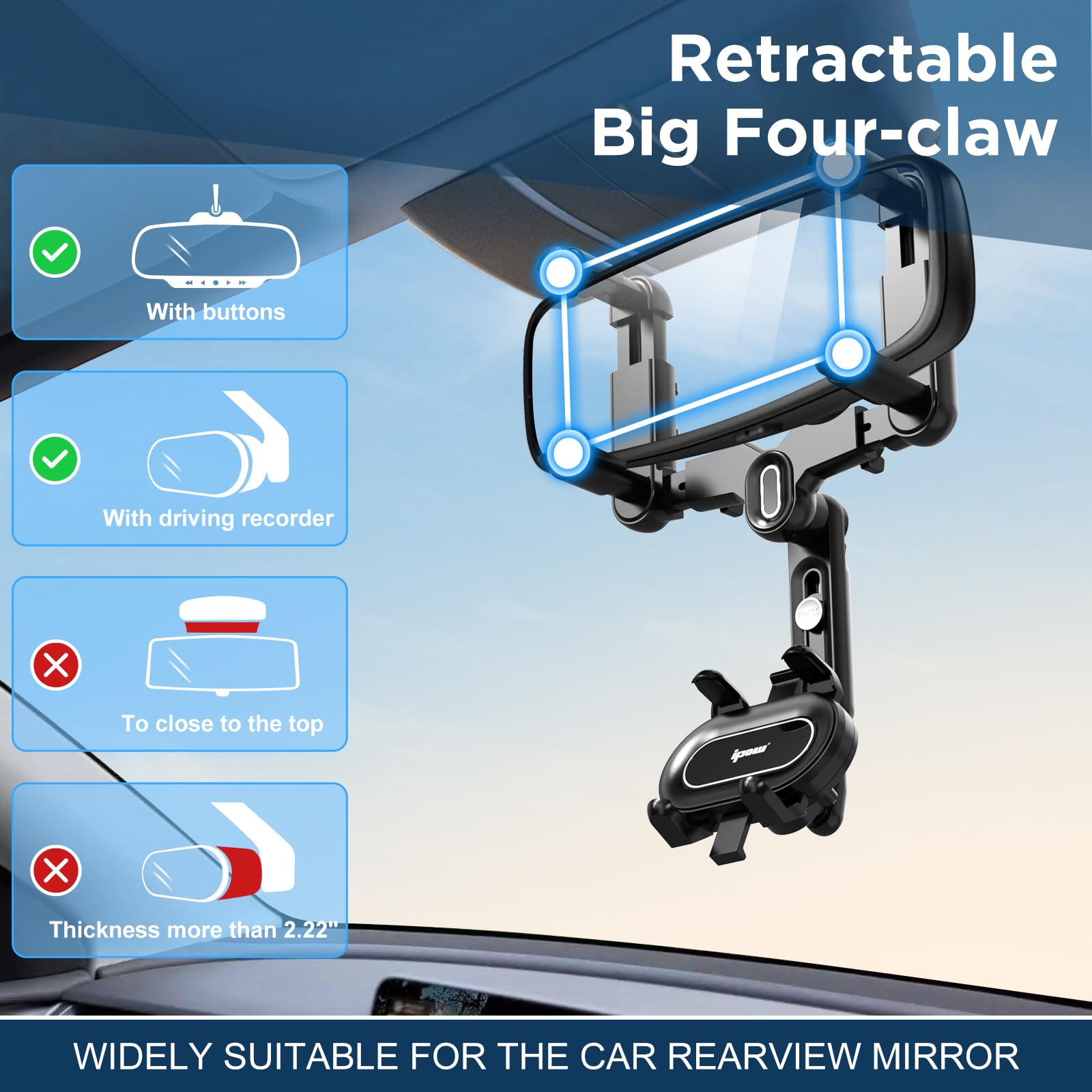 IPOW Large Rearview Mirror Phone Holder, Rotatable and Retractable, Anti-Shake Phone Mount for Car Compatible with iPhone 17/16/15/14/13/12/11 Pro Max, Samsung All 4-7 Inch Phones