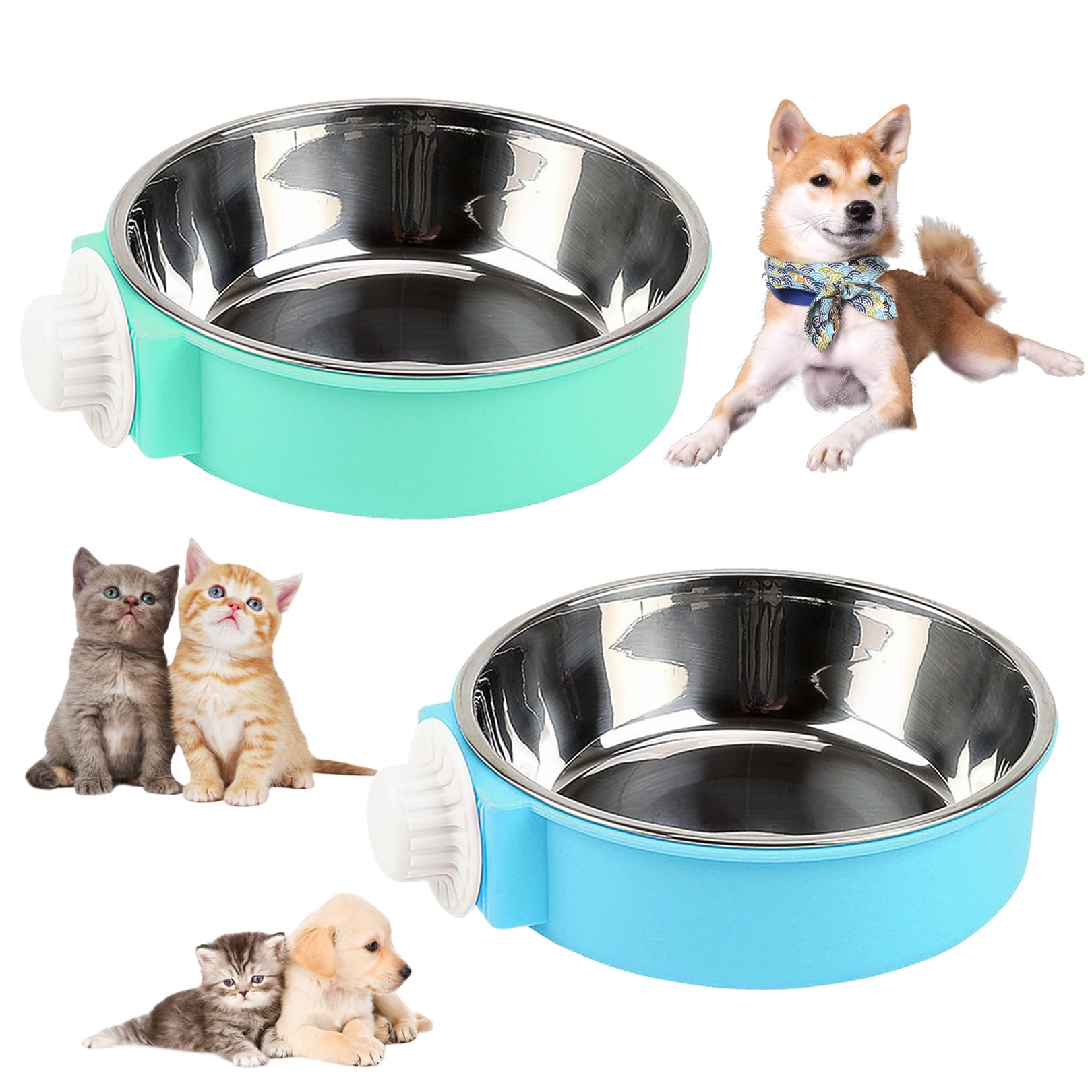 2 Pcs 2-in-1 Pet Crate Bowls - Hanging Dog Water Bowls for Small Animals - Removable Stainless Steel Bowl - Durable & Safe Material - Easy to Clean - Space-Saving Design