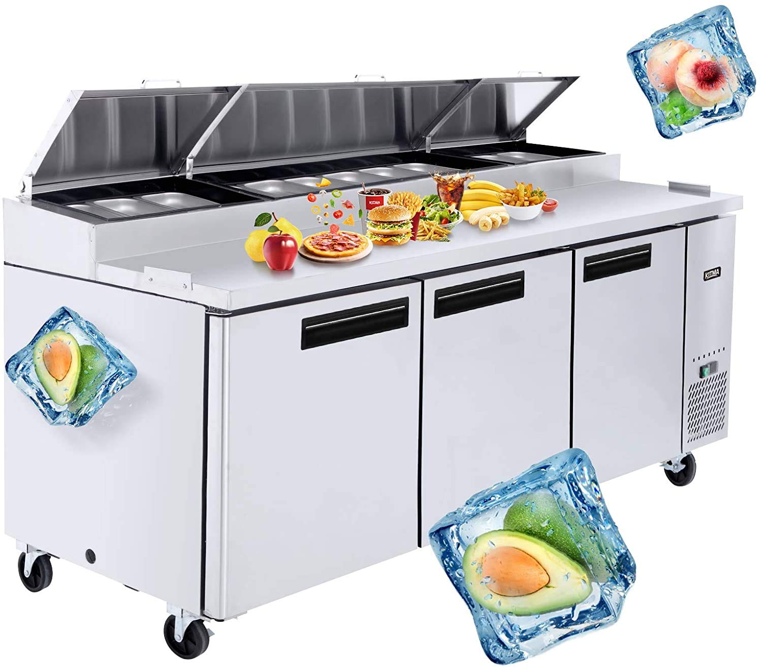 3 Door Pizza Prep Table Refrigerator- 93" Commercial Stainless Steel Pizza Prep Station Fridge with 