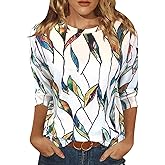JomeDesign Womens Tops 3/4 Sleeve Shirts Round Neck Loose Casual Blouses Floral Print Tshirts