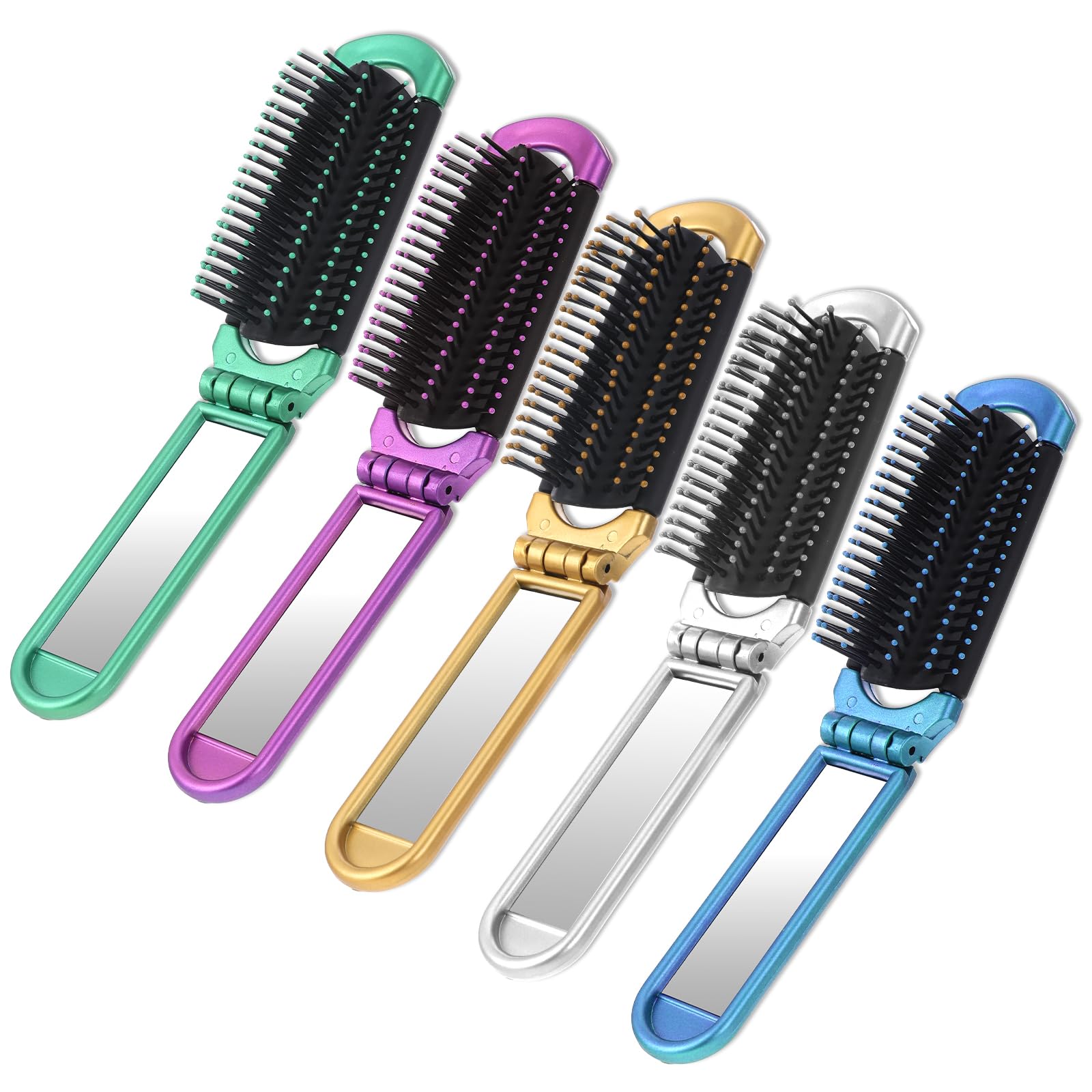 Travel Hair Brush with Mirror, 5 Pcs Multicolor Folding Compact Brush, Mini Hair Massage Comb, Styling Tools for Women - Home, Trip, Gym, Swimming (5 Colors)