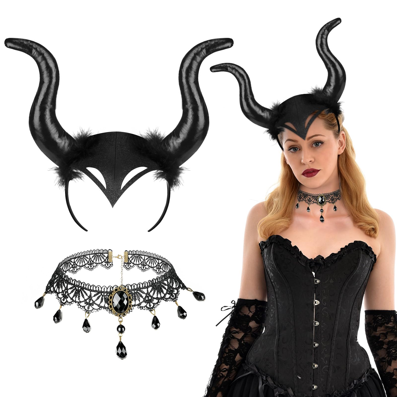 AYBUY Witch Costume Accessory - Gothic Horns Black Witch Headband with Retro Lace Necklace for Women's Halloween Cosplay