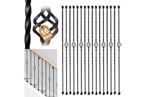 IRIISY 16 Pack Iron Balusters for Staircase Interior W/ 32 Pack Baluster Shoes, 1/2" x 44" Wrought Iron Baluster Stair Balusters,Hollow Metal Balusters Stair Spindles for Staircase Decks Balusters Indoor