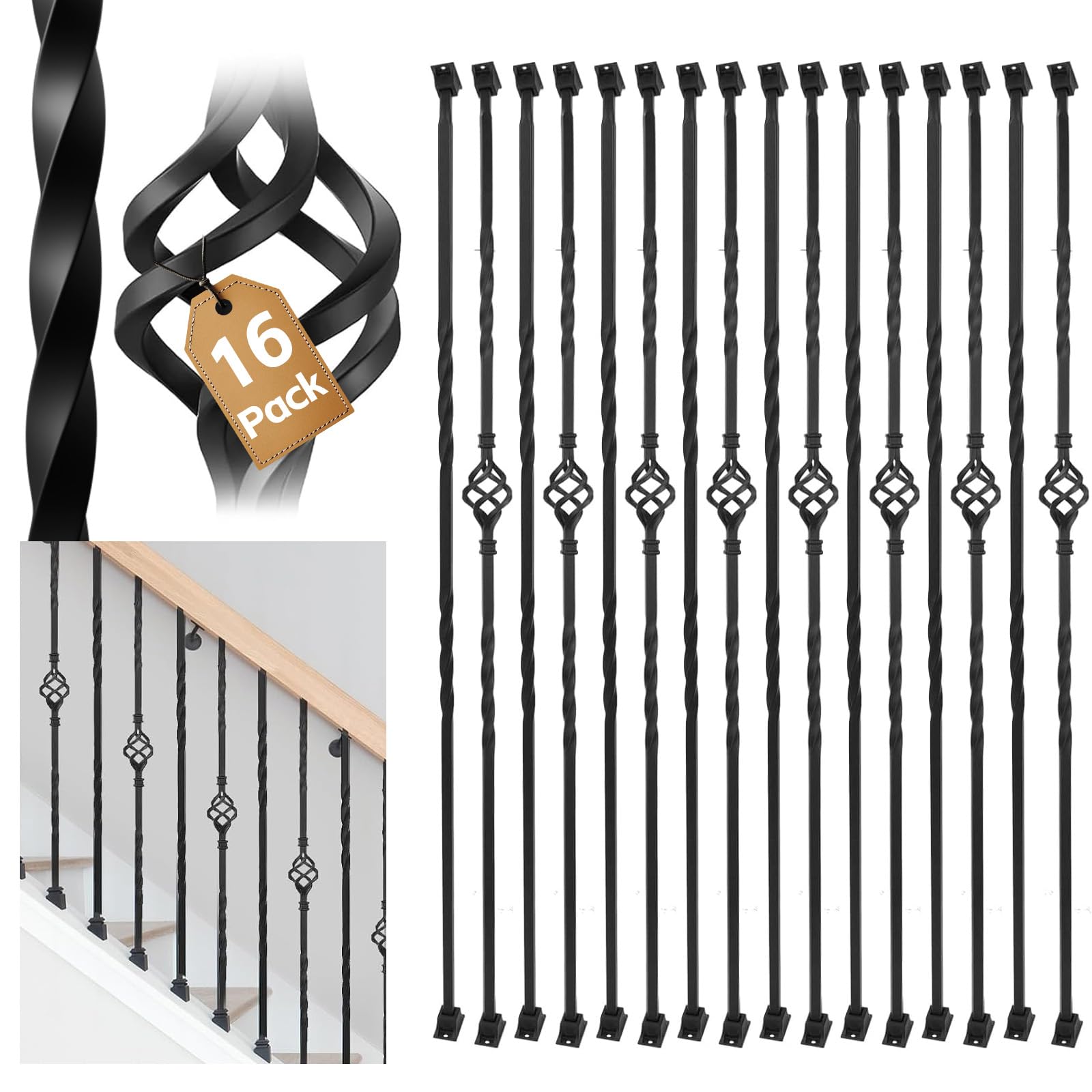 Photo 1 of 16 Pack Iron Balusters for Staircase Interior W/ 32 Pack Baluster Shoes, 1/2" x 44" Wrought Iron Baluster Stair Balusters,Hollow Metal Balusters Stair Spindles for Staircase Decks Balusters Indoor