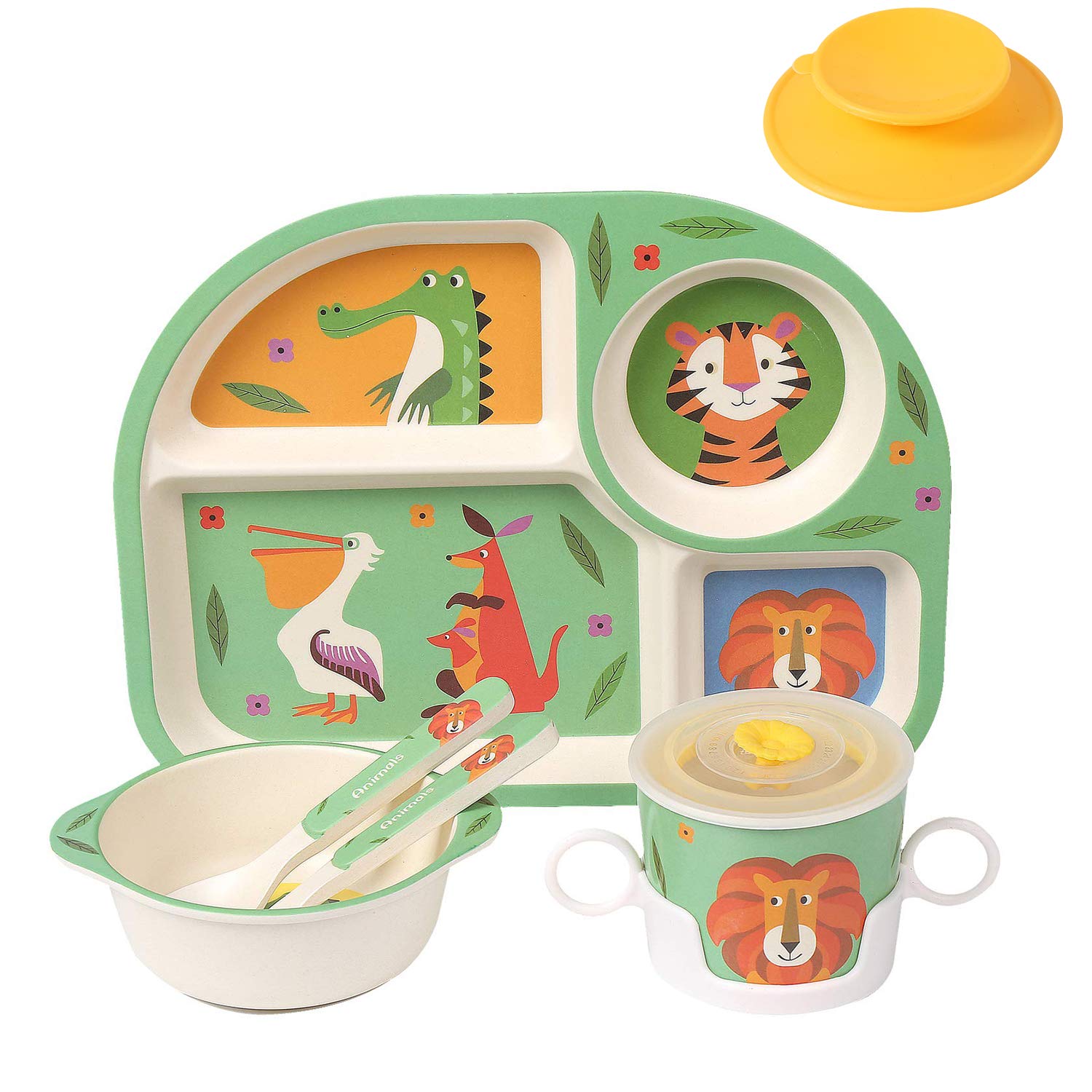 Photo 1 of shopwithgreen 7Pcs/Set Bamboo Kids Dinnerware Set - Children Dishes - Food Plate Bowl Cup Spoon Fork Set Dishware, Cartoon Tableware, Dishwasher Safe Kids Healthy Mealtime, BPA Free