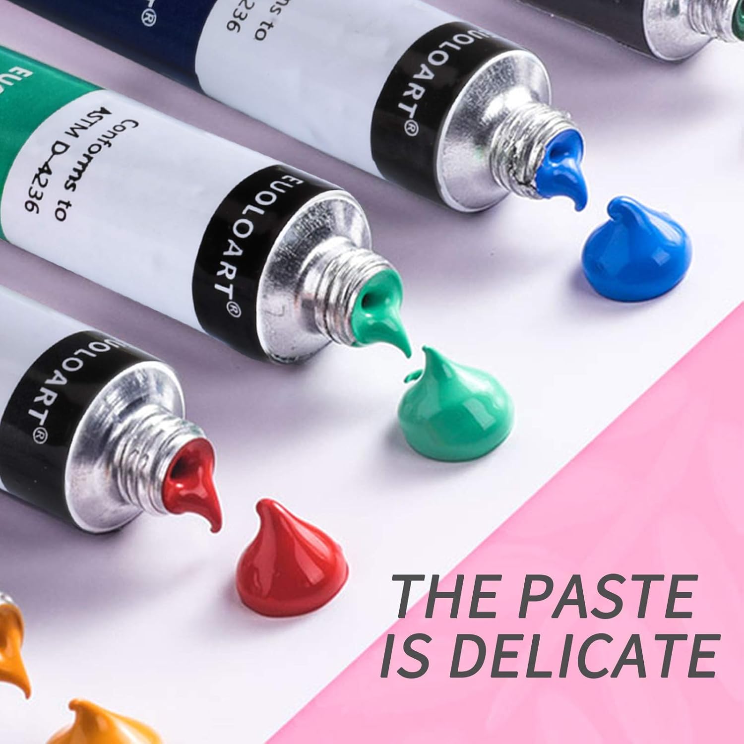 Complete Acrylic Paint Set - 24x Craft Paints, 18pcs Artist Paint Brushes with Palette, Painting Knife & Sponge in Canvas Bag for Acrylic, Oil & Watercolor -for Adults and Kids