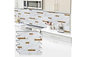Artemuro 10 Sheets Premium Peel and Stick Backsplash for Kitchen, White Marble Look with Metal Gold Stick on Wall Tile Upgrade Your Kitchen Backsplash, RV, Fireplace