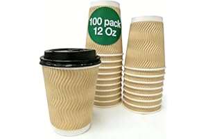 100 Pack Disposable Coffee Cups with lids, Craft Ripple Paper Hot Cups Without Paint for Hot Beverages,Travel and Party Use, 
