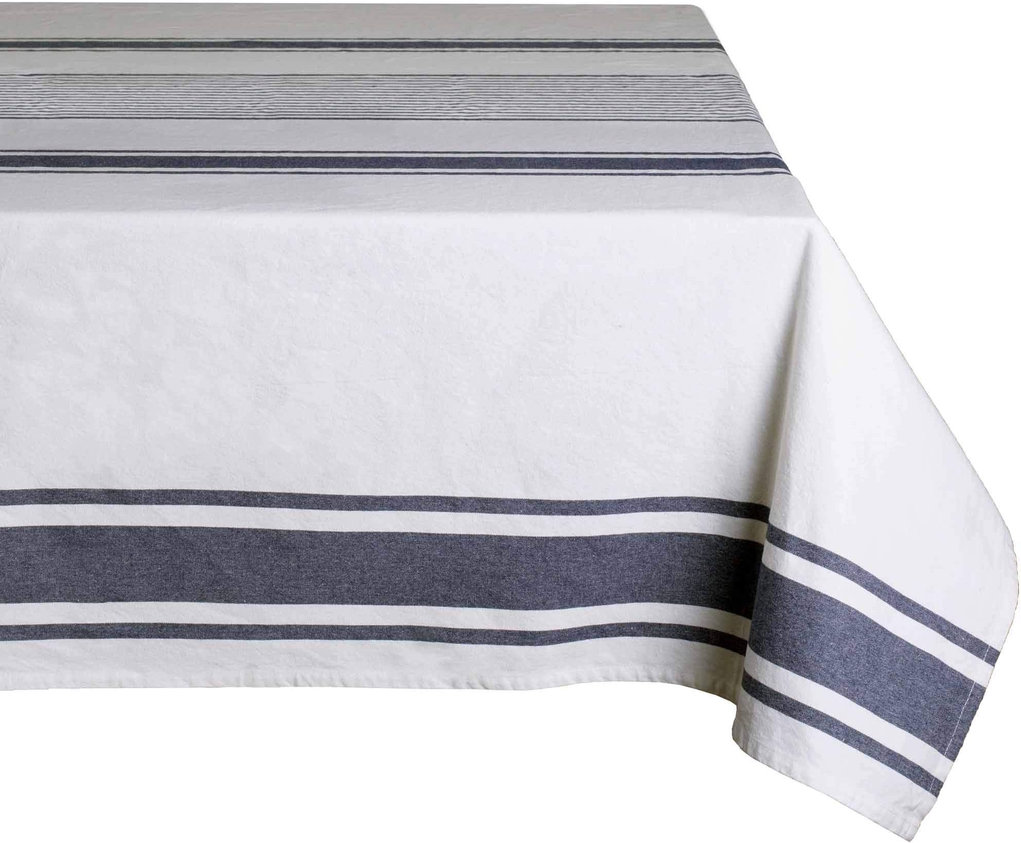 KALEWA Tablecloth 100% Cotton with French Stripe. Washable Kitchen Tablecloth and Outdoor (Patriot Blue Stripes, 65x92 Inches)