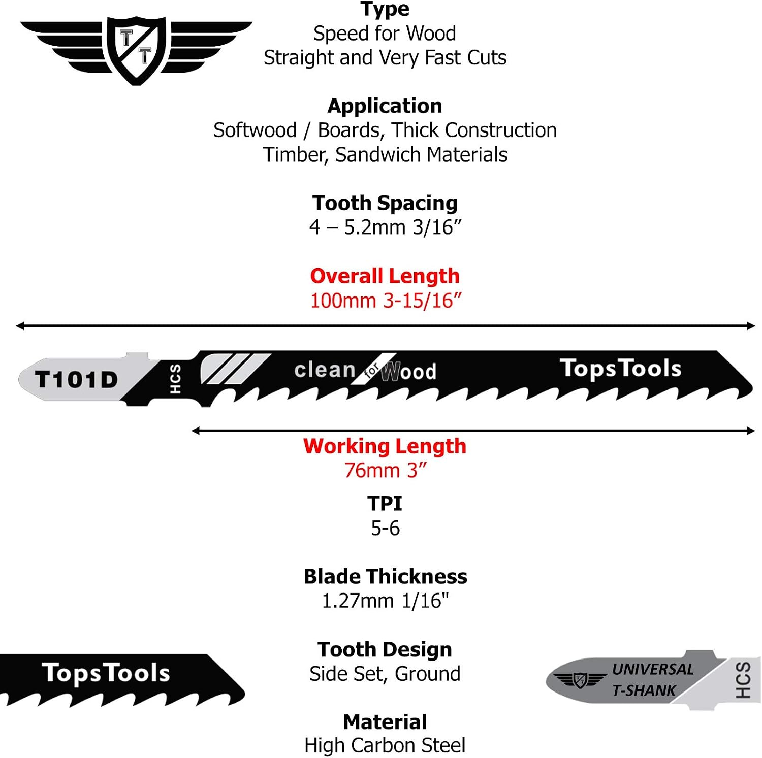 15 x TopsTools T101D 100mm Jigsqw Blades Designed for Clean and Fast Cuts in Wood, Black - Image 3