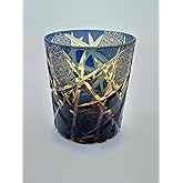 Edo Kiriko Hand-Carved Evening Ember Whiskey Glass – Japanese Style Hand-Cut Blue & Brown Spirits Tumbler, 9 oz