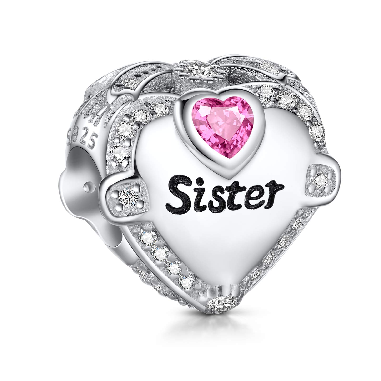 NINGAN Family Charm for Pandora Bracelet - Mothers Day & Birthday Gifts for Women 925 Sterling Silver Heart Cubic Zirconia Bead for Necklace (Sister)