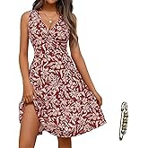 Yazinie Womens Wrap V Neck Midi Dress Sleeveless Sundress Summer Flare Tank Dress with Pockets