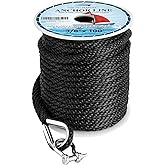 YOUNG MARINE Made 3/8 Inch 100FT 150FT Premium Solid Braid MFP Anchor Line Braided Anchor Rope/Line with Stainless Steel Thimble and Shackle, Black (3/8" x 100')