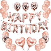 40 pcs Pink Rose Gold Birthday Decorations, 3D Mylar Foil Happy Birthday Banner and 18 inch Big Heart Star Confetti Latex Balloons, Ecofriendly Party Decorations Supplies for kids Girls Women