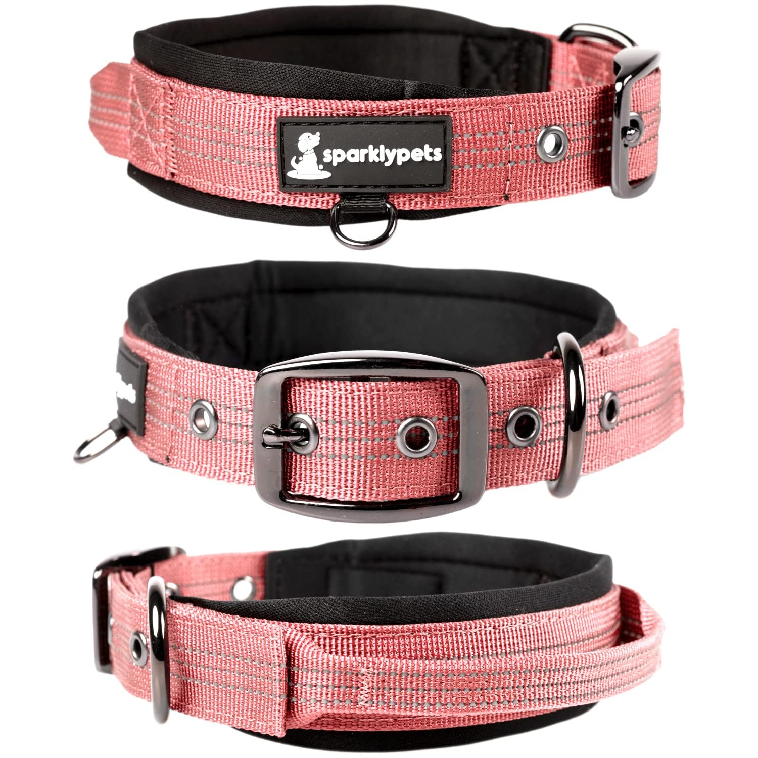 SparklyPets Heavy Duty Dog Collar with Handle for Medium and Large Dogs – Professional Collar with Reflective Stitches, Soft Handle & Nickel-Plated Buckle (Medium (14,5"~18,5"), Pink)