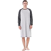 Keyocean Mens Cotton Nightgown Soft Lightweight Long Sleeve Sleepshirt Crew Neck & Pockets Comfortable Lounge Nightwear
