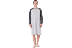 Keyocean Mens Cotton Nightgown Soft Lightweight Long Sleeve Sleepshirt Crew Neck & Pockets Comfortable Lounge Nightwear